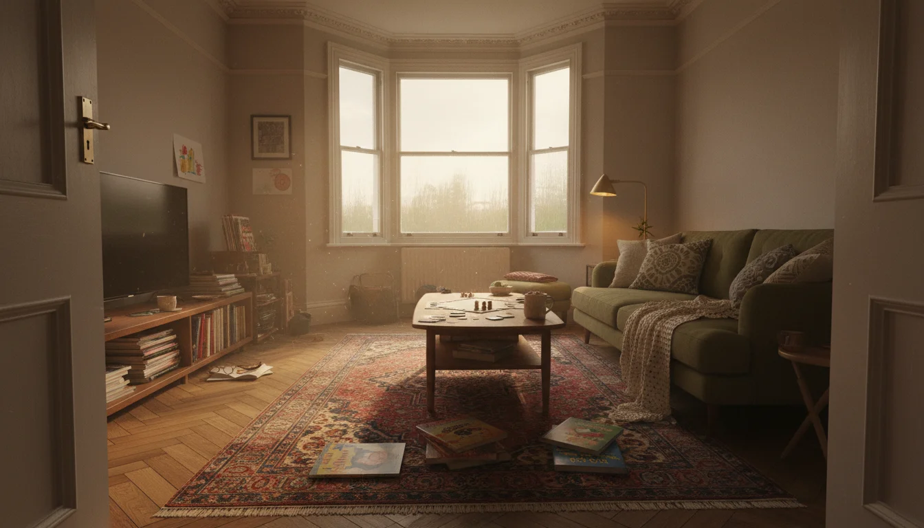 דירה לונדונית ביום גשום - משחקי קופסא ושוקו חם ליד חלון ויקטוריאני